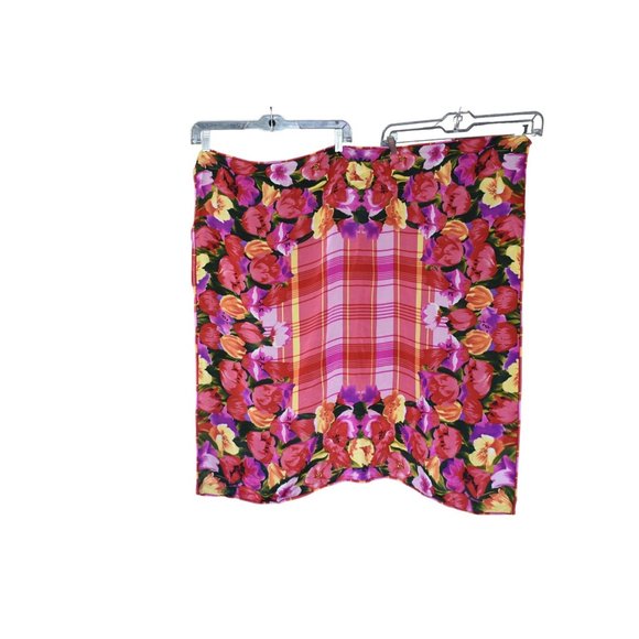 Vintage Women's Red Purple Yellow Tulip and Plaid Silk Large Square Scarf 30X30 - Picture 1 of 3